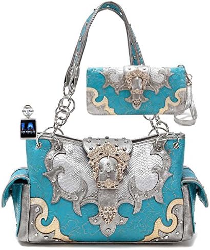 Western Concealed Purse Wallet Set, Gold Buckle, Plus Keychain, WSHW8469-SET (Aqua)