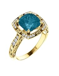 18K Yellow Gold 8.00x8.00mm Antique Cushion Cut London Blue Topaz and Diamond Ring -- LIFETIME WARRANTY