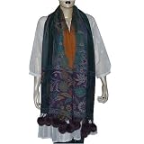 Wool Long Scarf Ladies Winter Clothes Handcrafted Gift Dress from India with Pom-Pom 28 x 72