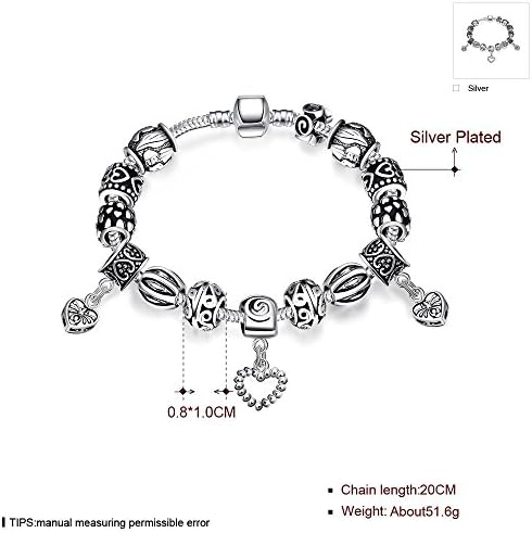 Vikis Fashion Women DIY Carved Beads Clasp Charm Bracelet with Hearts Pendant,7.8inch/20cm