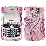 Sparkling Pink Silver Swirl Wave Full Diamond Rhinestone Snap on Hard Skin Bling Cover Case for Blackberry Curve 8300 8310 8330 + Microfiber Cell Phone Bag