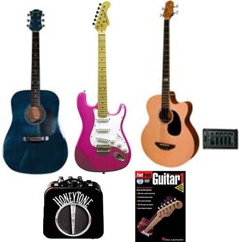 Acoustic &amp; Electric Guitars &amp; Bass Beginner Pack - Dreadnought Acoustic Guitar in Transparent Blue Model: MA241TBL, Double Cutaway Electric Guitar in Pink, Bass Guitar w/Spruce Top, Mini Amp &amp; Beginner Book