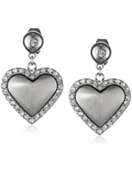 Stainless Steel Rhodium-Plated Heart and Crystal Earrings