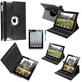 New Apple iPad 3 iPad 3rd Generation 2012 & Compatible with iPad 2 (ALL Model Versions) BLACK Rotating Spinning 360 Degree Multi-Function Leather Case / Cover / Horizontal Verticle Typing & Viewing Stand / Flip Case With Magnetic Sleep Sensor & Sunny Savers Screen Protector Shield Guard & iPad3 iPad2 Stylus Accessory Accessories Pack by InventCase®