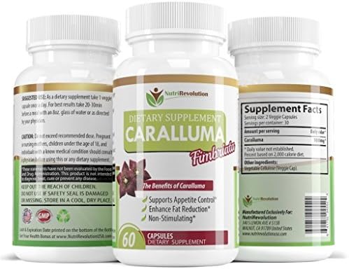 Caralluma Fimbriata Extract Pure 500mg - 60 Capsules - Natural Health Premium Appetite Suppressant - Weight Loss Fat Burner Supplement - Extreme Carb Blocker - 1000mg per Serving - Dietary Supplements and Products (60)