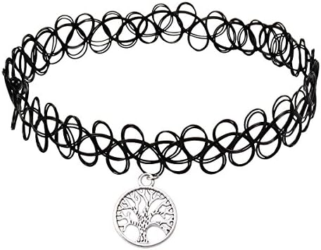 Longil Women Vintage Black Gothic Stretch Elastic Double Line Henna Tattoo Choker Collar Necklace with Tree Pendant Hippy Popular for 80s 90s