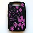 RIM BlackBerry Curve 8900 T-Mobile Black Laser Skin Case Rubber Silicone Protector with Diamonds "Pink Flowers" Design
