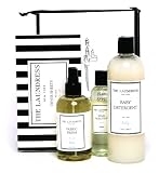 The Laundress Baby Gift Bag includes: Baby Detergent, 16 oz, Baby Fabric Fresh, 8 oz, Stain Solution 4 oz, Dryer Sheets, Baby, 40 - Count Box