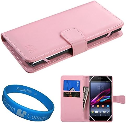 Premium Faux Leather Universal Wallet Case for BLU Studio / Life / Vivo / Dash / Win Smartphones + SumacLife TM Wisdom Courage Wristband (Pink)