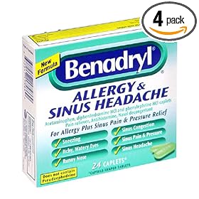 Benadryl Allergy & Sinus Headache Relief, 24-Count Caplets (Pack of 4)