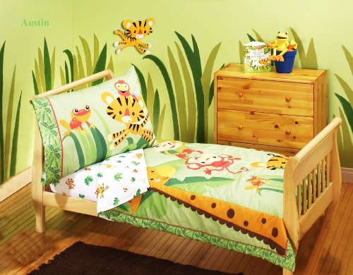 Fisher-Price Animals of the Rainforest 4pc Toddler Bedding PLUS 26 Coordinating Wall Decals & Personalized Name Set