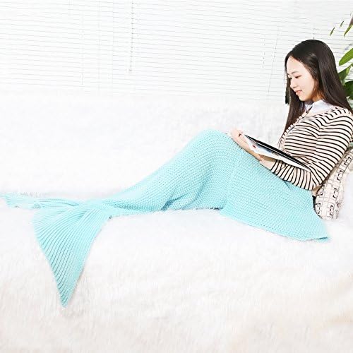 JFQ Handmade Mermaid Tail Blanket, All Seasons Knitted Blanket, Warm Sofa Quilt Living room blanket for Adults (70.8 X 31.5inch)-sky blue
