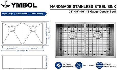 Ymbol SD3319 Stainless Steel 33-Inch Undermount 50/50 Double Bowl 16 gauge Kitchen Sink