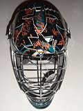 2011-2012 San Jose Sharks Team Autographed Sharks Logo Franklin Goalie Mask Featuring 28 Signatures Including Notables: Joe Thornton, Patrick Marleau, Joe Pavelski, Antti Niemi, Ryane Clowe and More! Proof Photo of the Sharks Signing for Us.