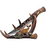 Buck Display Knife on Antler Stand with Deer Figurine and Stainless Steel Blade for Rustic Cabin & Lodge Decor Sculptures for Statues and Decorative Hunting Knives or Daggers As Gifts for Hunters and Outdoorsmen