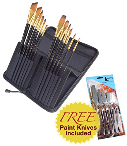 12 Piece Paint Brush Set for Oil & Acrylic Paints - INCLUDES FREE 5 PIECE PAINTING KNIFE SET - Synthetic Artist Paint Brushes - Includes Pop up Stand Carrying Case - Great for Beginners, Kids, and Professional Artists - Wood Handle Artist Paint Brush