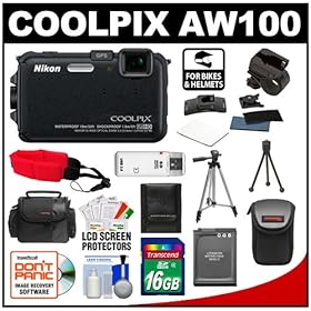 Nikon Coolpix AW100 Shock & Waterproof GPS Digital Camera (Black) with 16GB Card + Handlebar & Helmet Mount + Battery + Case + Floating Strap + Tripod + Kit