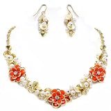 Elegant Classic Design Coral Orange Flowers, Faux Simulated Pearls and Goldtone Beads Statement Necklace and Earrings Set Fashion Jewelry