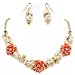 Elegant Classic Design Coral Orange Flowers, Faux Simulated Pearls and Goldtone Beads Statement Necklace and Earrings Set Fashion Jewelry