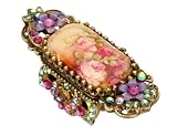 Art Deco Style Michal Negrin Adjustable Statement Ring Adorned with Roses Bouquet Print, Surrounded by Hand Painted Flowers, Vintage Ornaments, Fuchsia and Green Swarovski Crystals; Handmade in Israel