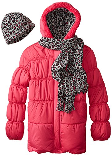 Pink Platinum Big Girls' Solid Puffer Coat with Cheetah Hat and Scarf