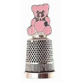 Silver plated Christening gift for a girl - silver plated thimble with enamel teddy design