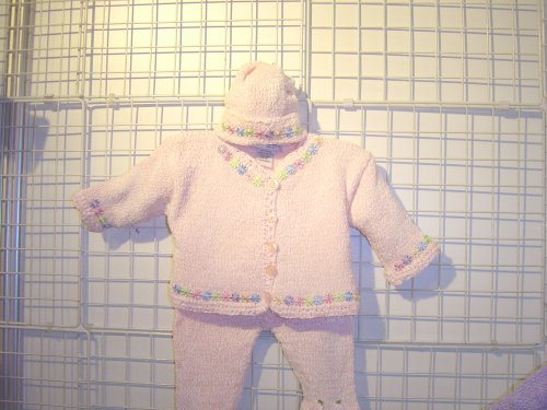 Knitted on Hand Knitting Machine Pink Chenille Finished By Hand Crochet Infant Girls Gita Cardigan Pant Hat Set Trimmed with Daisy Ribbon
