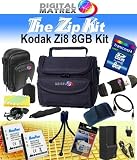 TheZipKit 8GB SDHC for KODAK Zi8. Includes: Deluxe Camera Case, Small leatherette camera case, Mini Tripod, 2 KLIC-7004 1100mAh batteries, mini AC/DC Charger, Tripod, Reader and more. Batteries made with Cells from Japan or USA! (NON OEM).. Kodak Zi8.