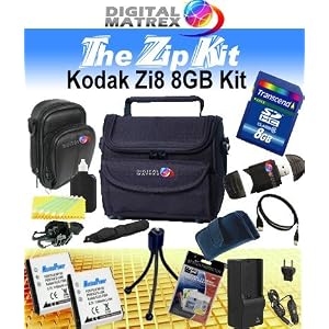 TheZipKit 8GB SDHC for KODAK Zi8. Includes: Deluxe Camera Case, Small leatherette camera case, Mini Tripod, 2 KLIC-7004 1100mAh batteries, mini AC/DC Charger, Tripod, Reader and more. Batteries made with Cells from Japan or USA! (NON OEM).. Kodak Zi8.