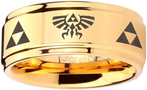 8MM Tungsten Carbide Legend of Zelda 14K Gold IP Glossy Step Edges Engraved Ring Size 13