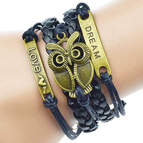 Jiayiqi Vintage Antique Bronze Infinity Love Owl Charms Leather Rope Bracelet Wristband