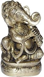 Unique Handcrafted Sitting Ganesha Brass Statue Playing Bigul 2.5 x 2.5 x 4 inches