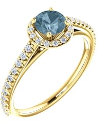 10K Yellow Gold Round Cut Blue and White Diamond Halo-Style Ring -- LIFETIME WARRANTY