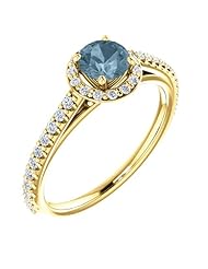 14K Yellow Gold Round Cut Blue and White Diamond Halo-Style Ring -- LIFETIME WARRANTY