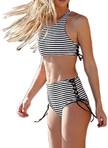 Sexy Women's Girl High Waist Two Piece Stripes Retro Bikini Swimsuit Set Black StripedS(US0-2) Charming