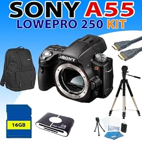 Sony a55 DSLR Camera (Body) + Lowepro Fastpack 250 (Black), 16gb Sdhc Memory Card, 57 Inch Aluminum Tripod and More - (16gb Body Kit)