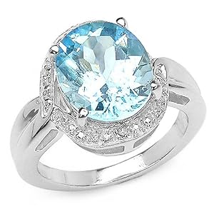 5.25 Carat Genuine Blue Topaz & Diamond Silver Ring