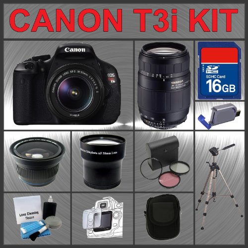 Canon EOS Rebel T3i 18MP Digital Camera with EF-S 18-55mm IS II Lens & Tamron AF 75-300mm f/4.0-5.6 LD for Canon Digital SLR Cameras + 16GB Memory Card + Spare Extended Life Li-Ion Battery + 3 Piece Lens Filter Kit + 2.0 USB SD Memory Card Reader + Wide Angle Lens with Macro Extension + Telephoto Digital Conversion Lens + Lens / LCD Cleaning Kit + Camera Carrying Case + Full Size 53'' Tripod with Case + Accessory Kit