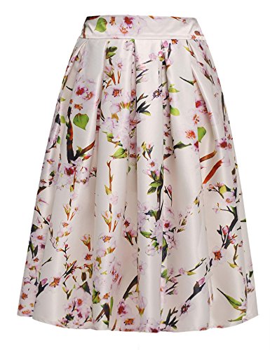 ACEVOG Women's Floral Print Skater Midi Skirt With Pleat A-Line Flared Skirt Dress