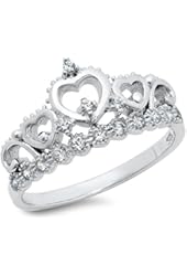 925 Sterling Silver Cubic Zirconia Princess Heart Crown Tiara CZ Band Ring
