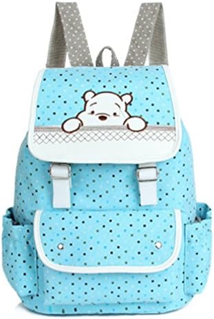 Sweet Spring Water Lovely Cartoon Dot Bear Canvas Students Backpack School Bag Travel Outdoor Backpack Rucksack for Girls (Blue)