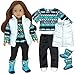 Complete 18 Inch Doll Outfit, Cool Print Long Sleeve Shirt, Black Leggings, White Quilted Vest with Matching Boots