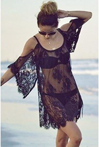 Lace Black Solid Swimwear Beach Cover Up Big Swing Sleeve Blouse Dress Sweater