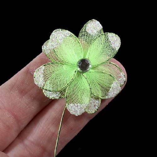 Nylon Mesh Apple Green Flowers with Rhinestone Centers on Wired Stems for Crafting, Embellishing and Decorating - Package of 12 Bunches (48 Total Flowers)