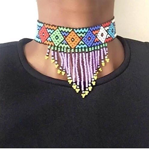 Beaded Multicolor Statement Choker Necklace with Dangles-Handmade