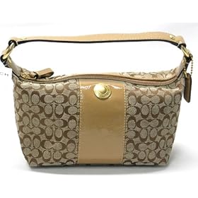 AUTHENTIC COACH ERGO SIGNATURE PATENT STRIPE SMALL/COSMETIC TOP HANDLE POUCH 41066 (Khaki/Camel)