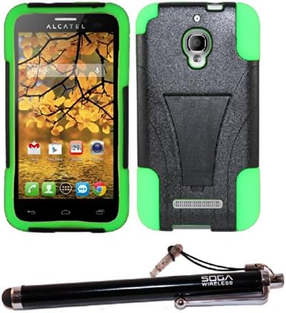 2-in-1 Bundle Combo SOGA® Hybrid Hard Soft Dual Layer Armor Case Cover With T-Stand Kickstand For ALCATEL One Touch Fierce 7024W with SogaWireless Stylus Pen - Black / Neon Green [SWG899]