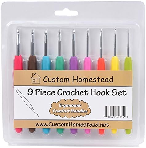 Crochet Hooks Ergonomic Handles - 9 Piece Set with Aluminum Hook and Color Coded Body - Best Soft Grip Kit