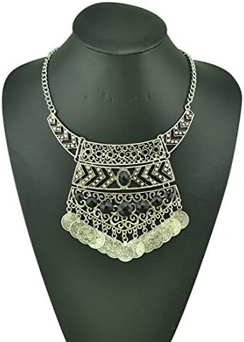 Idelway Turkish Hollow Out Flower Chainmail Resin Gem Coin Tassel Choker Neckalce Earring Set