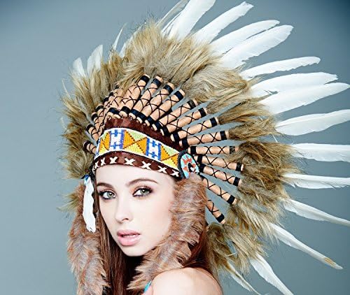 Native American Indian Headdress Feathers Head Piece Warbonnet Short (Many Styles) (SH012 (White))